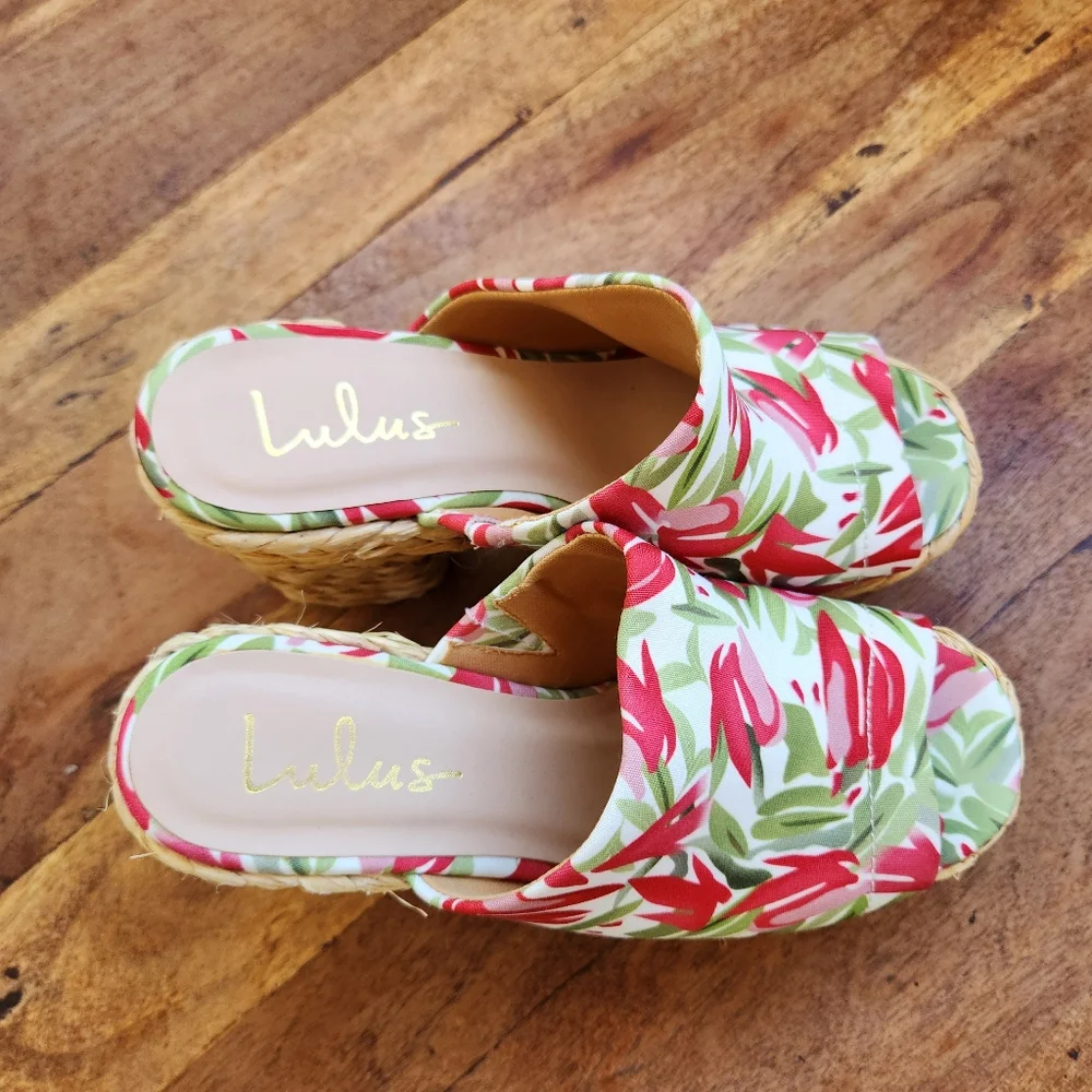 LULUS Ervyn Paradise Tropical Print Raffia Espadrille Platform Slide Sandals 7.5